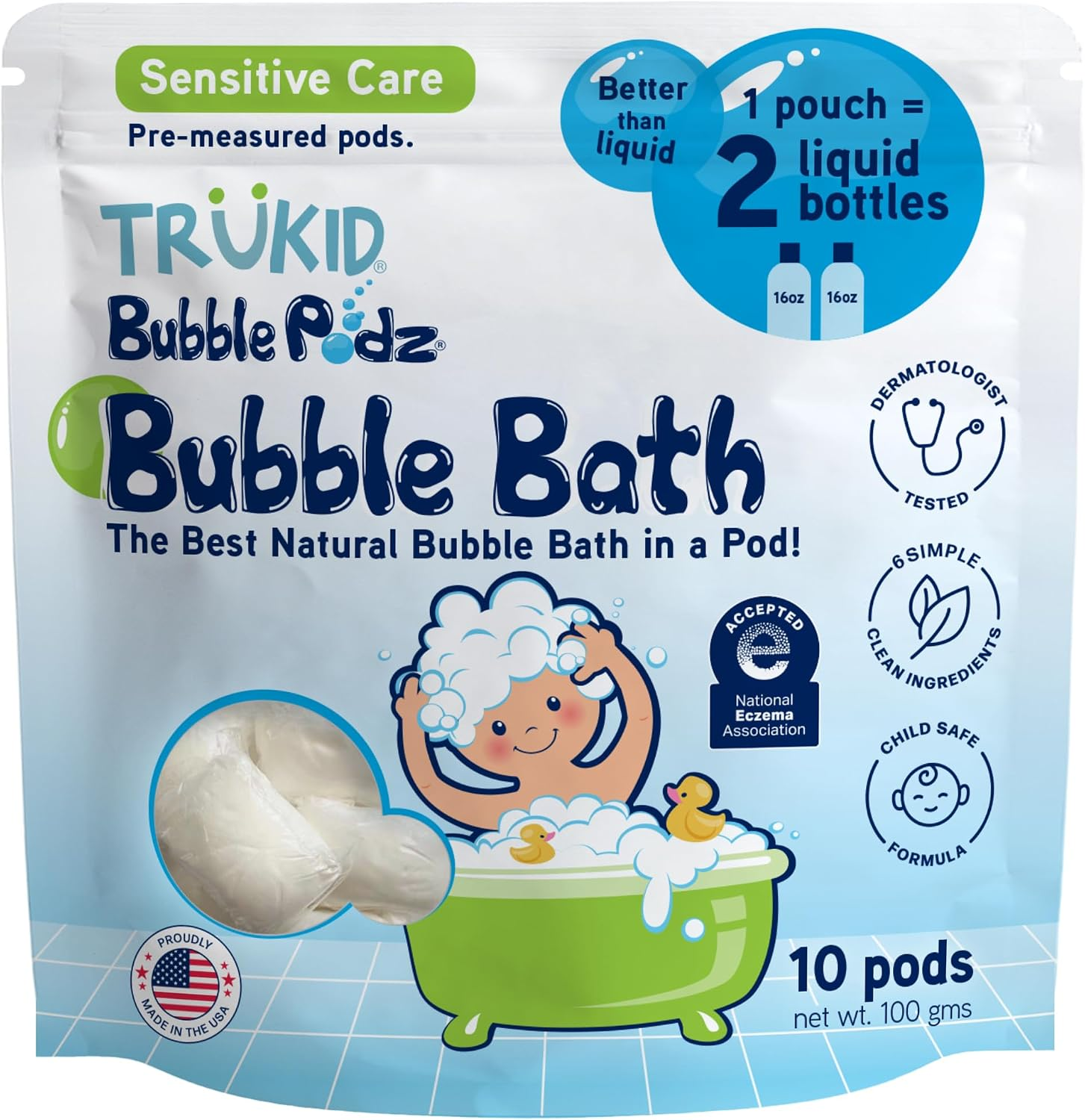 TruKid Bubble Podz natural bubble bath for kids unscented sensitive skin 10 pods pouch on white background