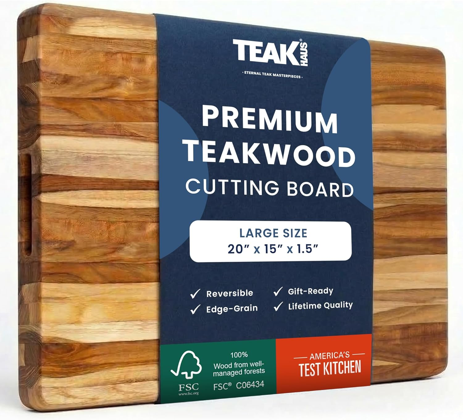 Teakhaus Premium Teak Wood Cutting Board Large 20x15x1.5 inch — FSC-certified reversible edge-grain teak cutting board with America's Test Kitchen badge on white background