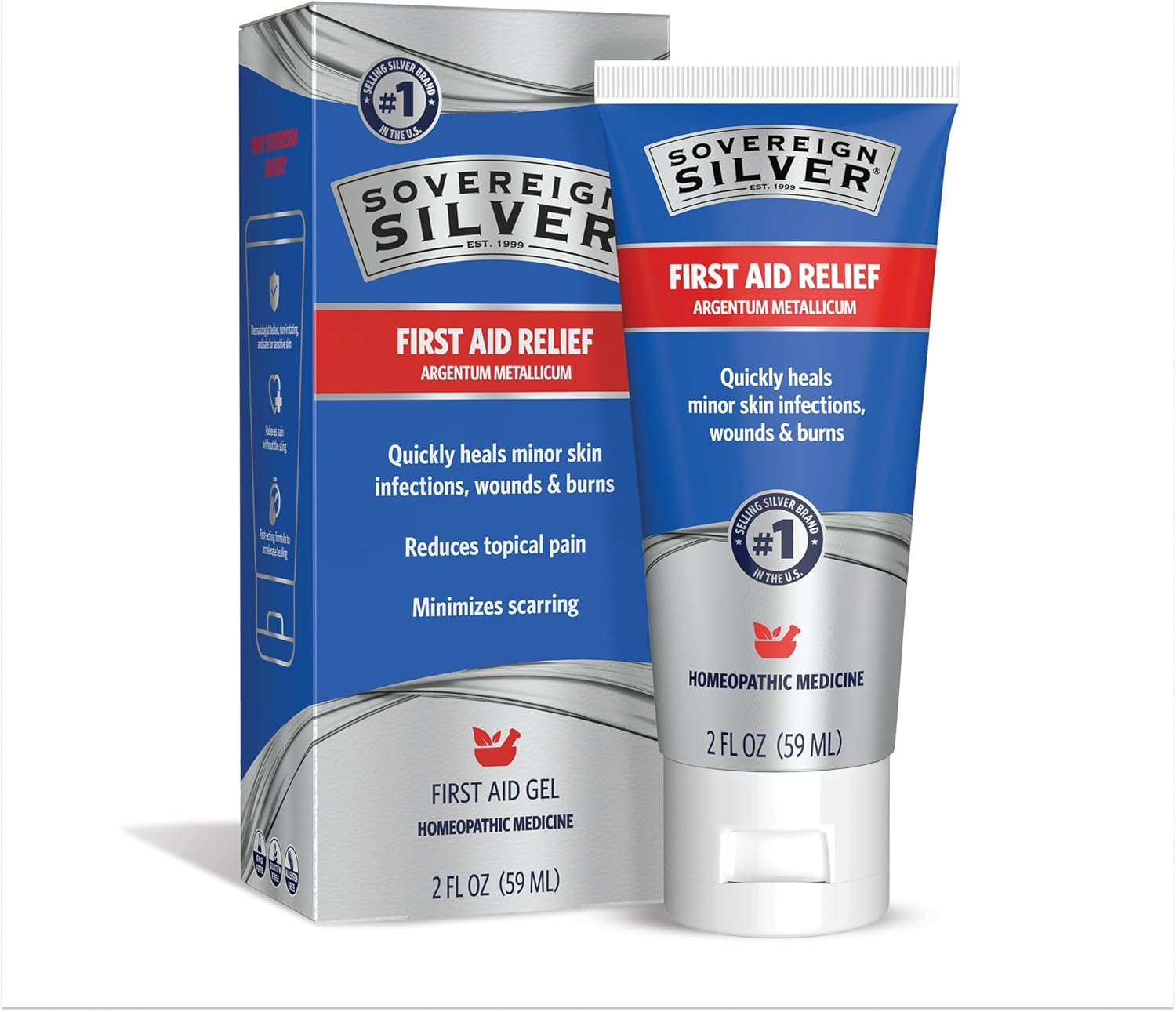 Sovereign Silver First Aid Relief Gel 2oz tube and box — colloidal silver homeopathic formula for minor wounds, burns and skin infections