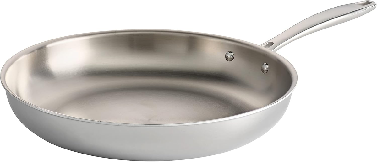 Tramontina 12-inch tri-ply clad stainless steel frying pan on a white background