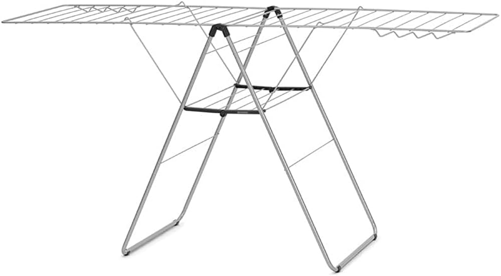Brabantia HangOn Clothes Drying Rack 82ft Metallic Gray with fold-out wings on white background