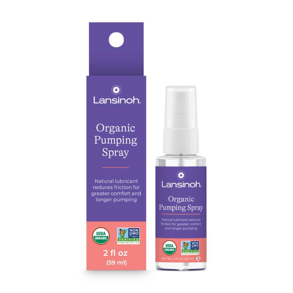 Lansinoh Organic Pumping Spray with USDA Organic and Non-GMO Project Verified seals — lanolin-free, vegan, 2 fl oz flange lubricant for breastfeeding moms