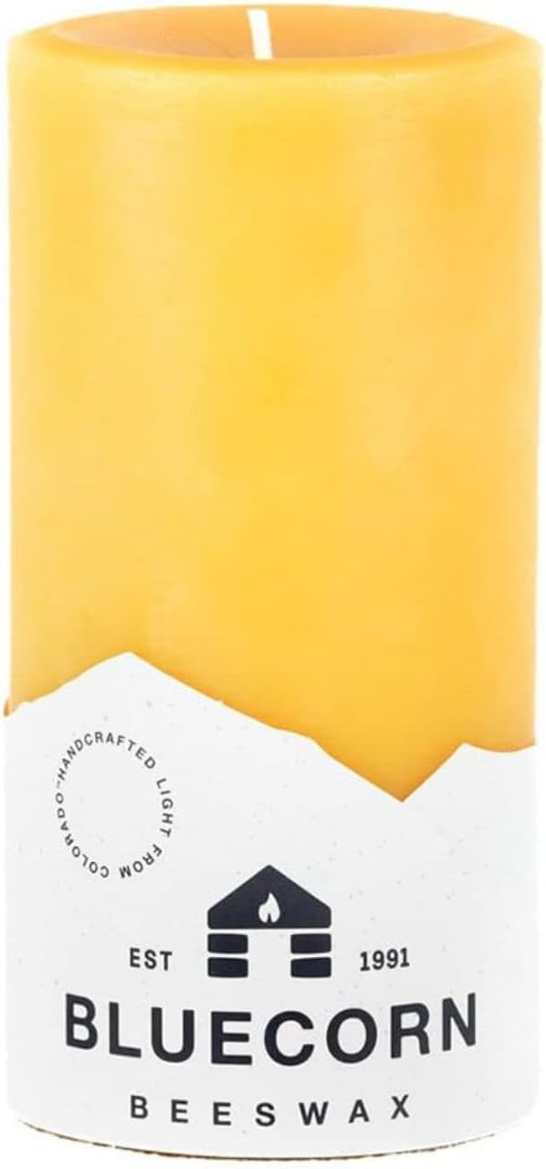 Bluecorn Beeswax natural yellow pillar candle 3x6 inch handcrafted in Colorado USA
