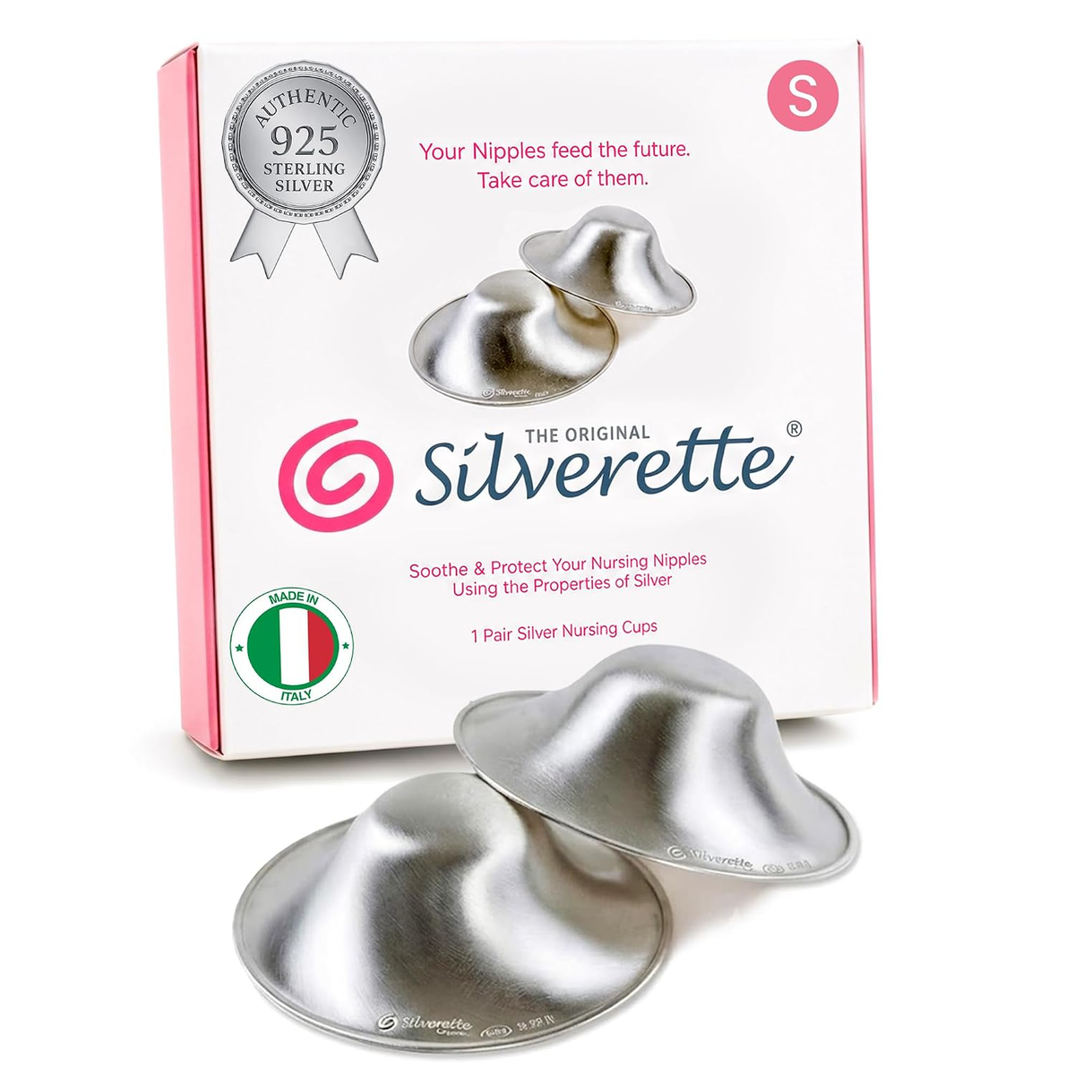Silverette original 925 sterling silver nursing cups pair with packaging — handcrafted in Italy, nickel-free, anatomical design on white background