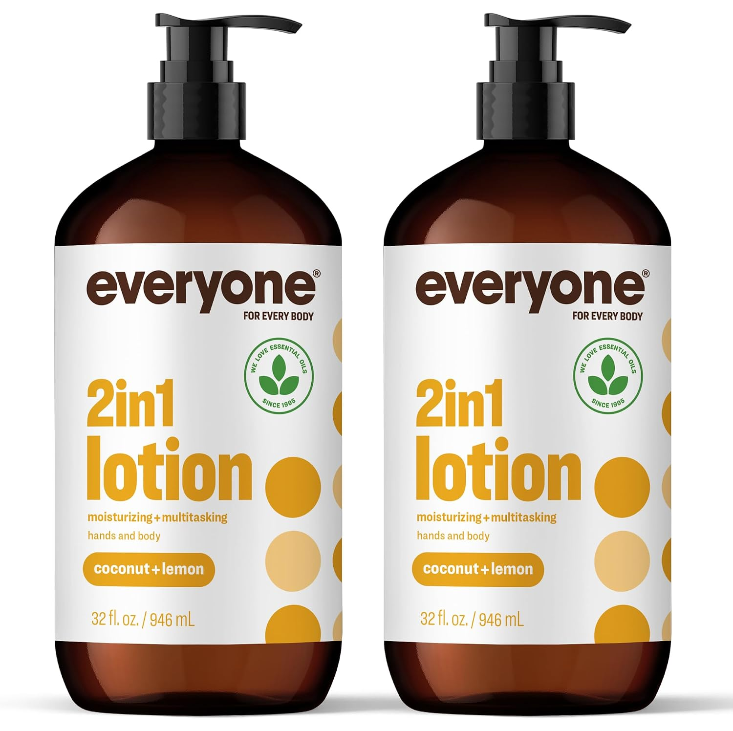 Everyone 2-in-1 Lotion for Hands and Body in Coconut and Lemon, two 32 fl oz amber pump bottles with white labels featuring yellow polka dots and green essential oils badge on a white background.