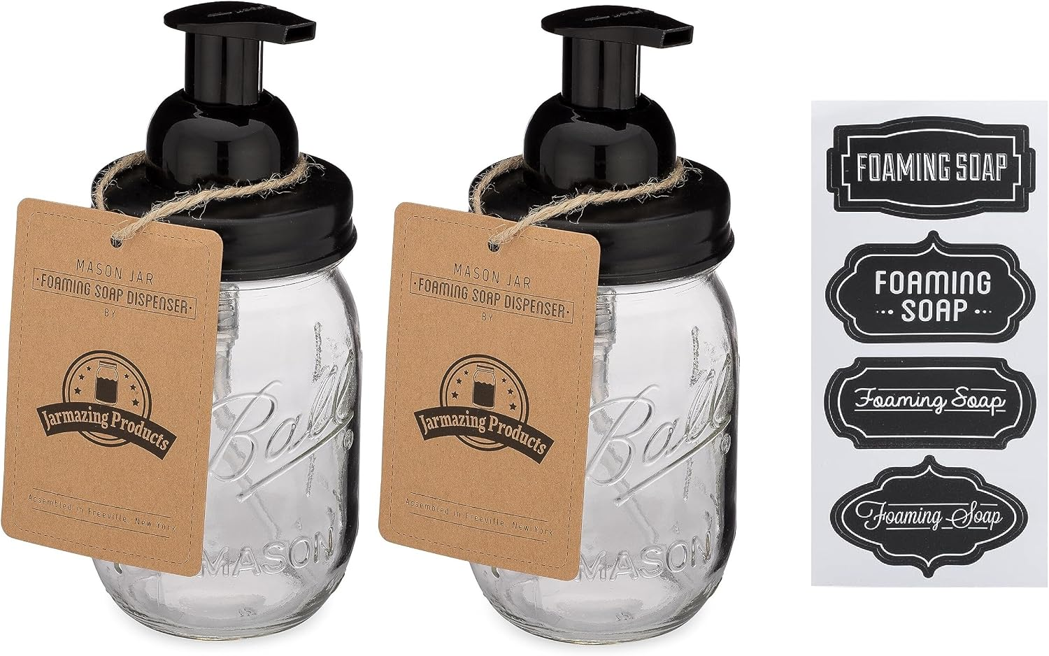 Mason Jar Foaming Soap Dispenser — Genuine Ball 16 oz Mason Jar with Black BPA-Free Pump, Two Pack by Jarmazing Products