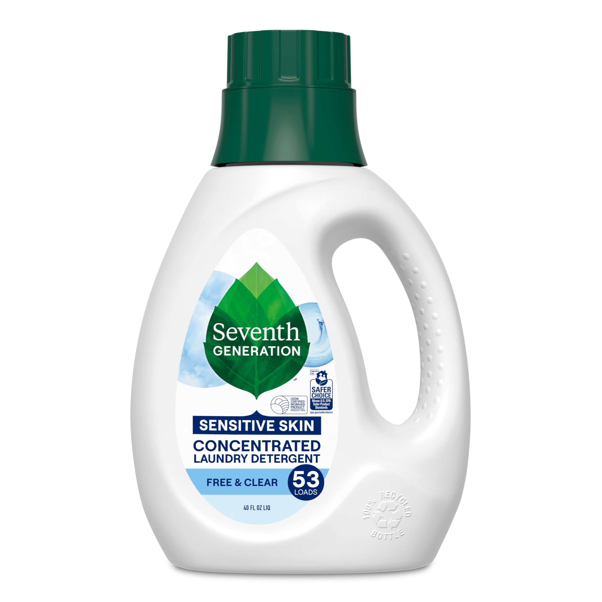 Seventh Generation Sensitive Skin Concentrated Laundry Detergent Free & Clear 40 fl oz 53 loads, fragrance-free, USDA biobased, EPA Safer Choice certified on white background