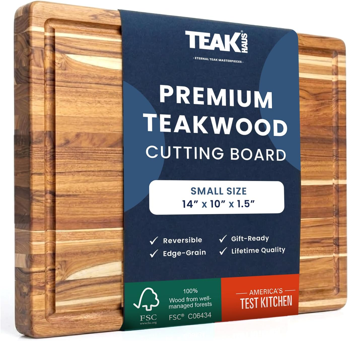 Teakhaus Premium Teakwood Cutting Board small size 14x10x1.5 inches — FSC-certified, reversible, edge-grain, gift-ready — BodyWell1