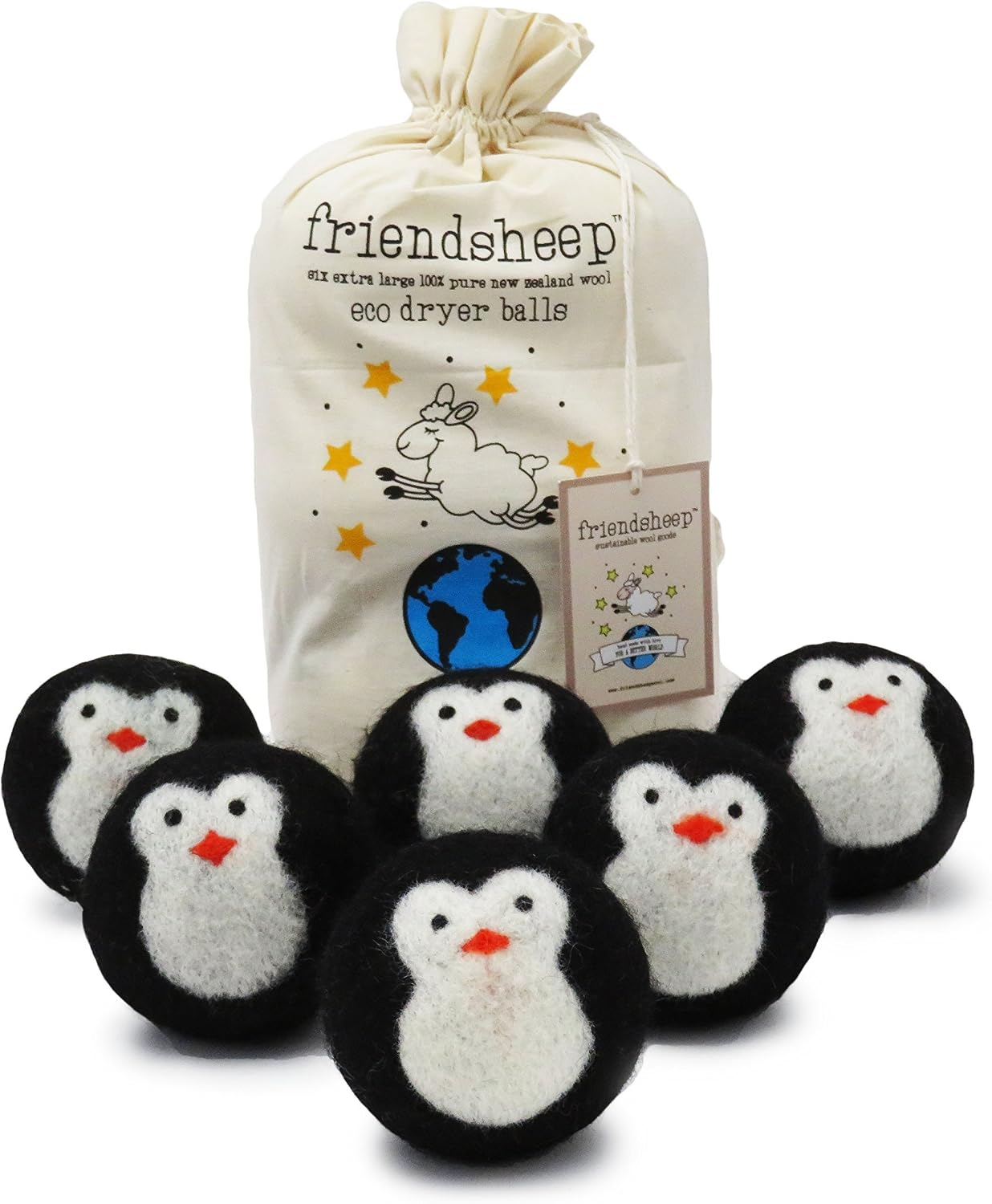Friendsheep Wool Dryer Balls 6-Pack XL Black Penguin with organic cotton drawstring bag on white background
