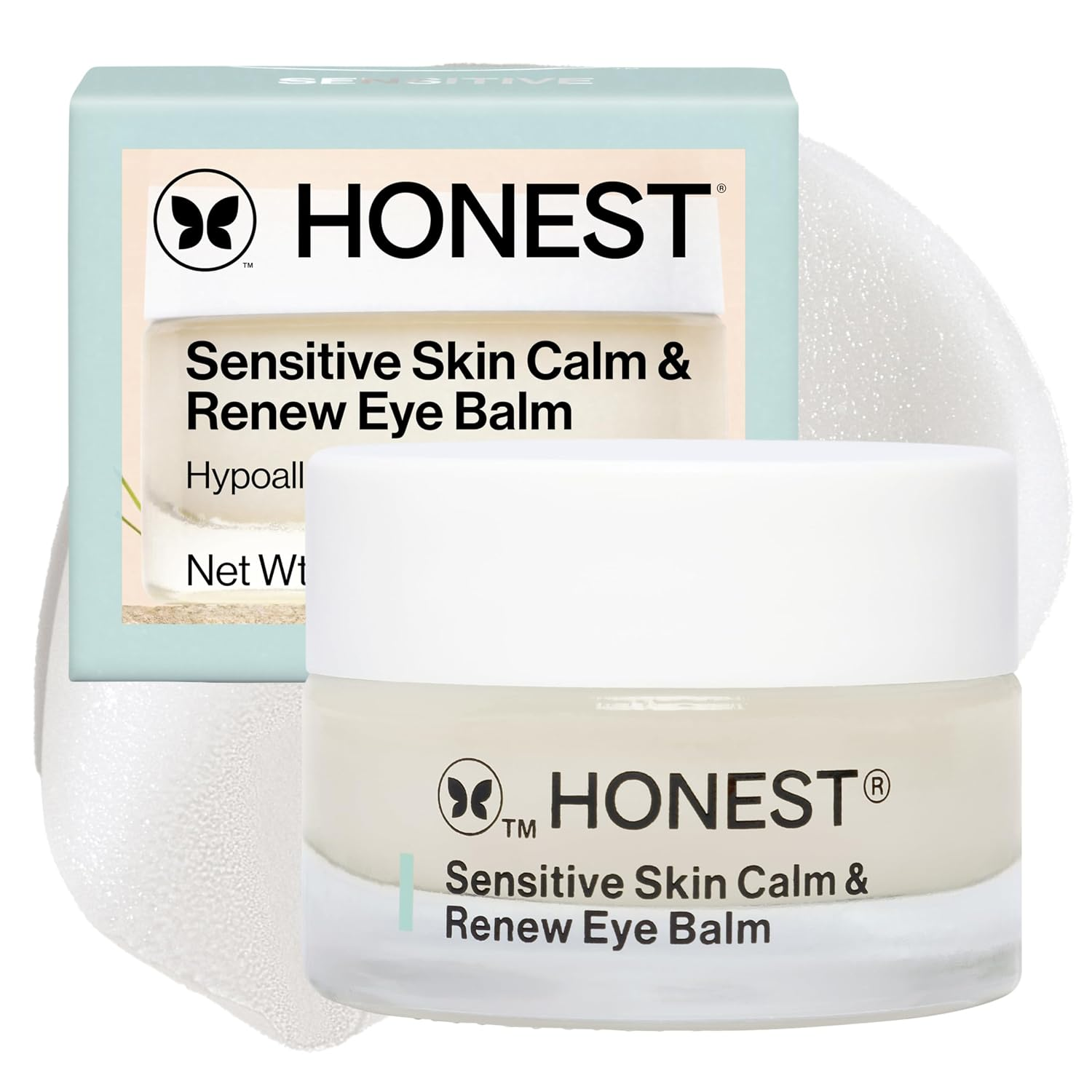 Honest Beauty Sensitive Skin Calm & Renew Eye Balm jar and box — hypoallergenic, vegan, unscented clean eye balm 0.5 oz