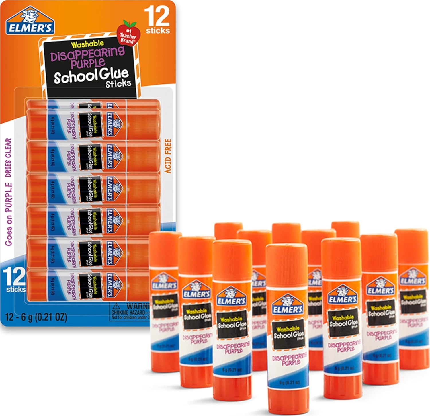 Elmer's Disappearing Purple washable school glue sticks 12 pack with individual orange and blue glue sticks displayed on white background