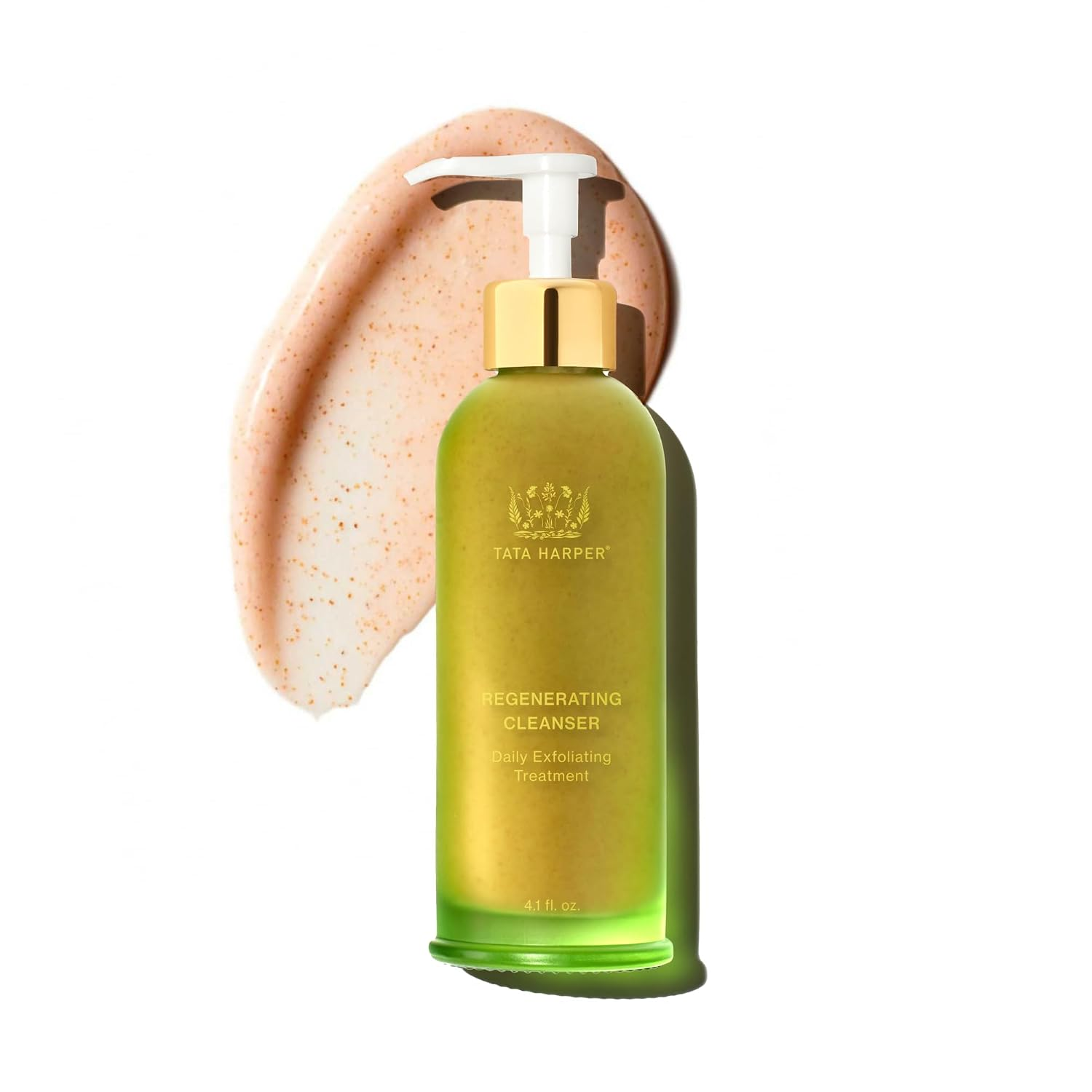 Tata Harper Regenerating Cleanser in a green pump bottle with gold cap on a white background with texture swatch