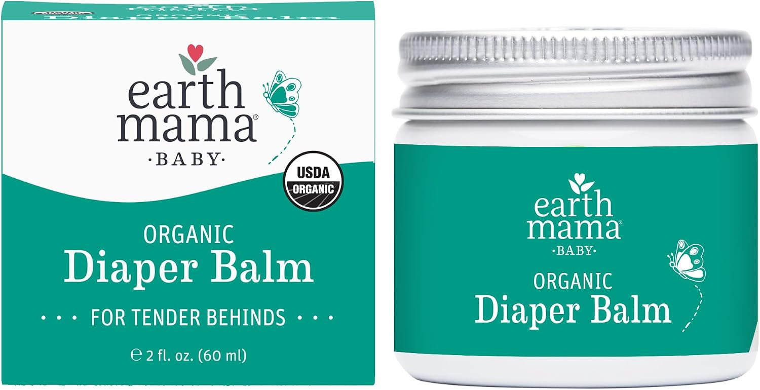 Earth Mama Organic Diaper Balm 2 oz teal jar and box — EWG verified petroleum-free diaper cream with calendula for sensitive baby skin