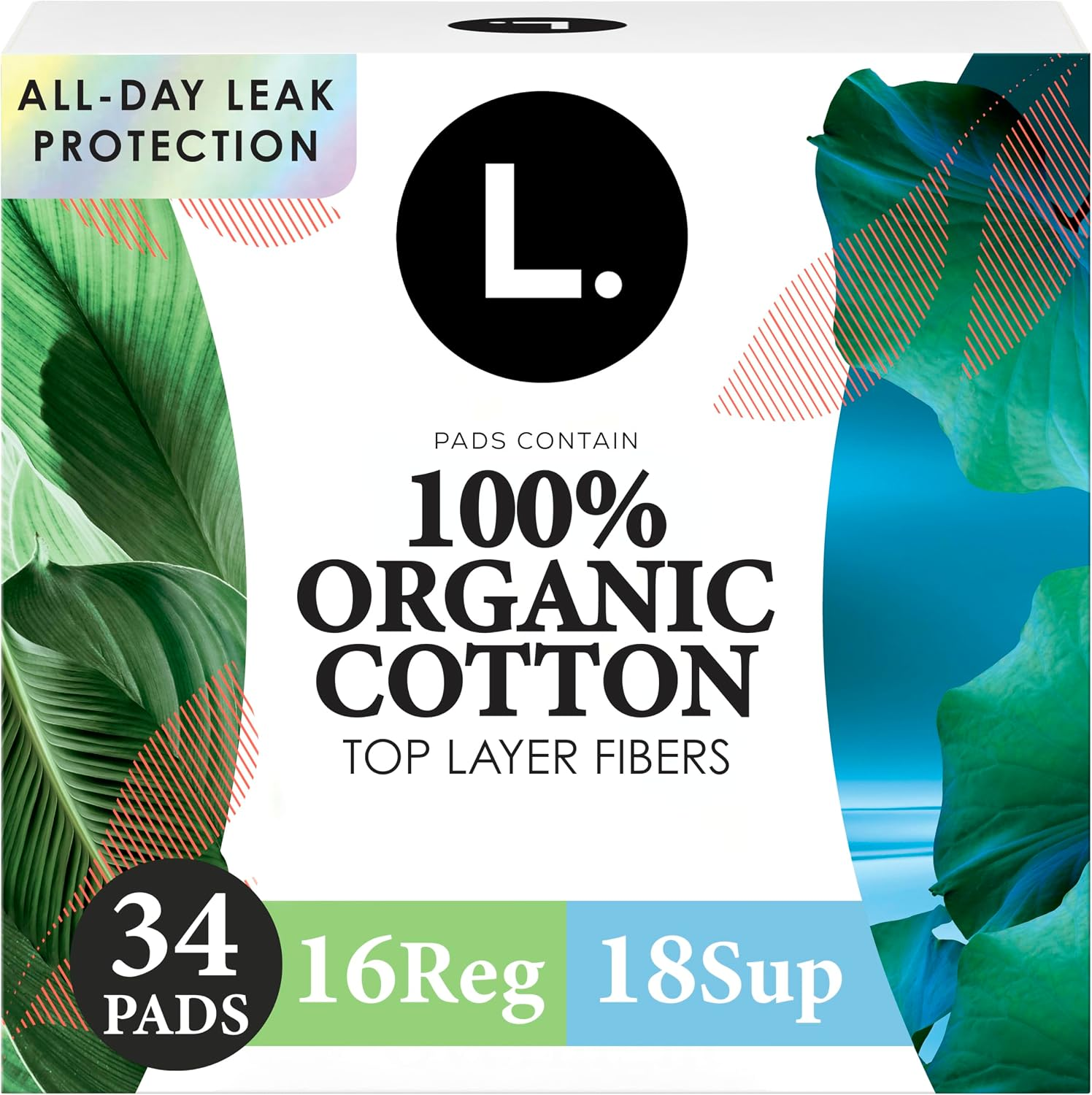 L. Ultra Thin Pads for Women, 100% Organic Cotton Top Layer, Regular + Super Duo Pack, 34 Count