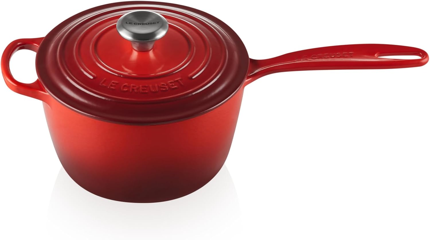 Le Creuset enameled cast iron signature saucepan 2.25 quart in Cerise red with lid — PFAS-free non-toxic cookware