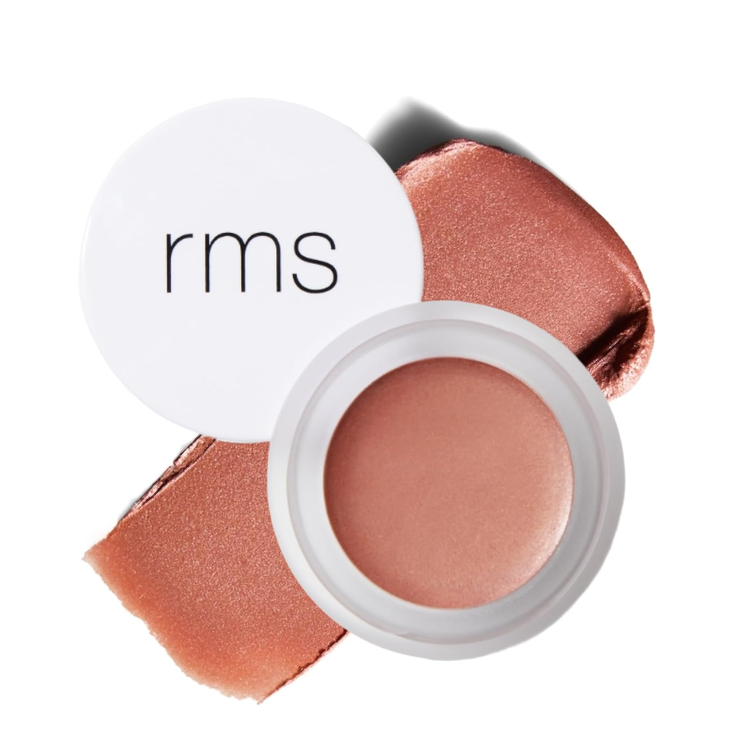 RMS Beauty Lip2Cheek in Crystal Slipper, open white pot with peachy-rose cream and shimmery rose gold swatch on white background