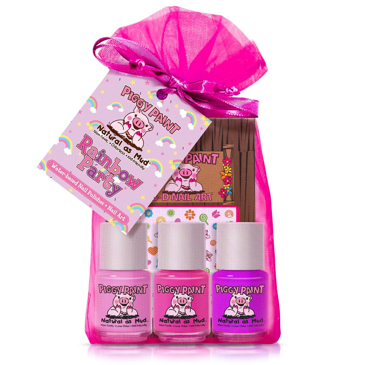 Piggy Paint Rainbow Party 3-color nail polish and nail art gift set in hot pink organza bag with pink, bright pink and purple water-based non-toxic vegan polishes for kids