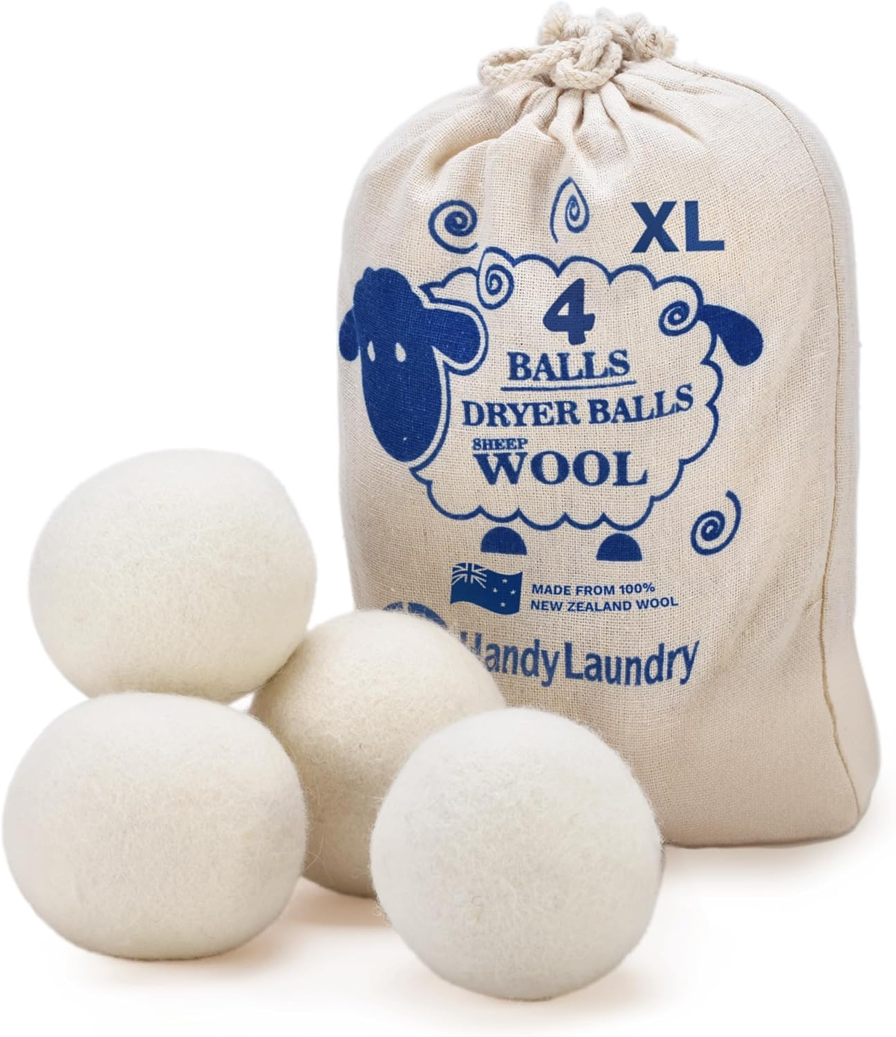 Set of dryer balls with a branded bag on a white background