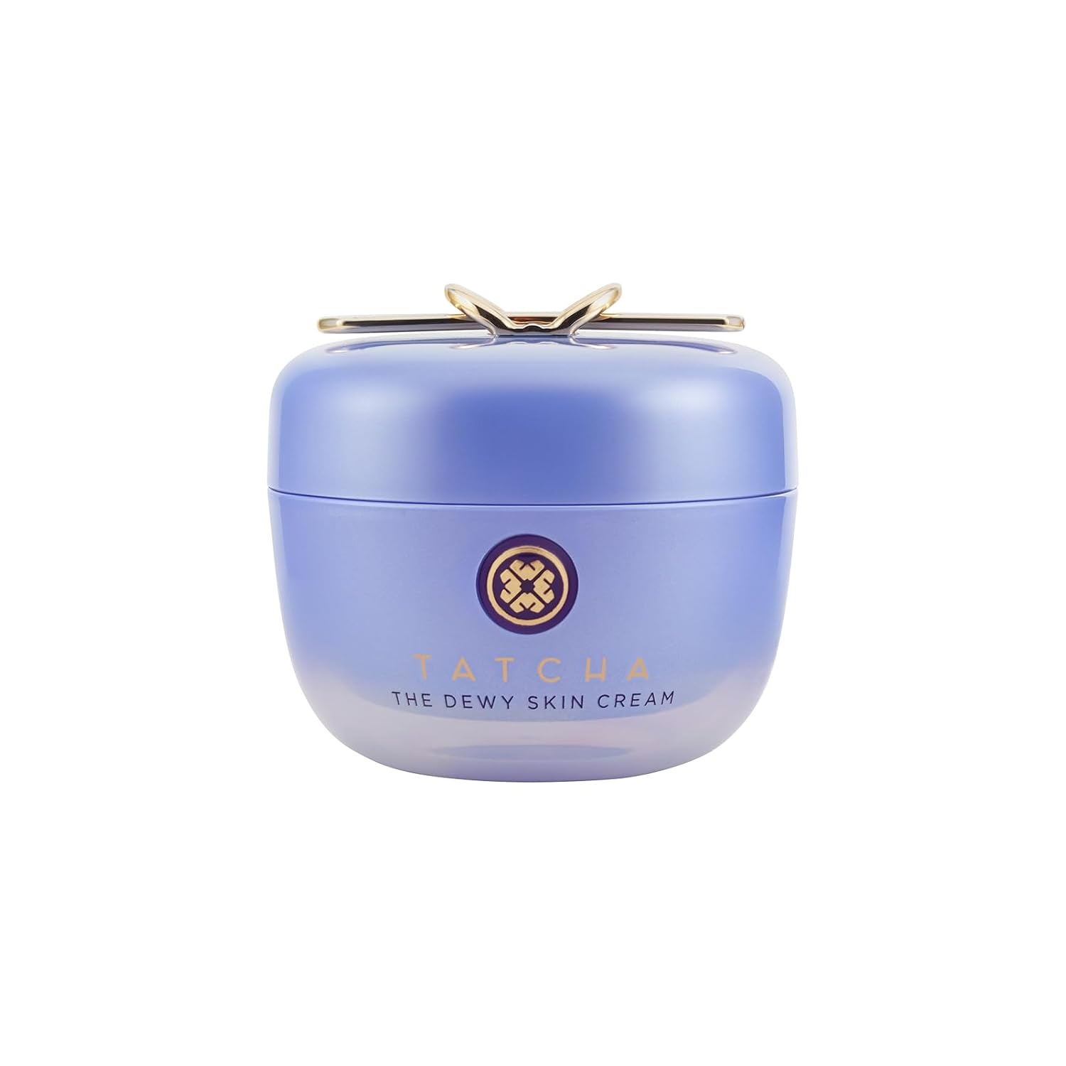 TATCHA The Dewy Skin Cream in a lavender blue jar with gold butterfly lid on a white background