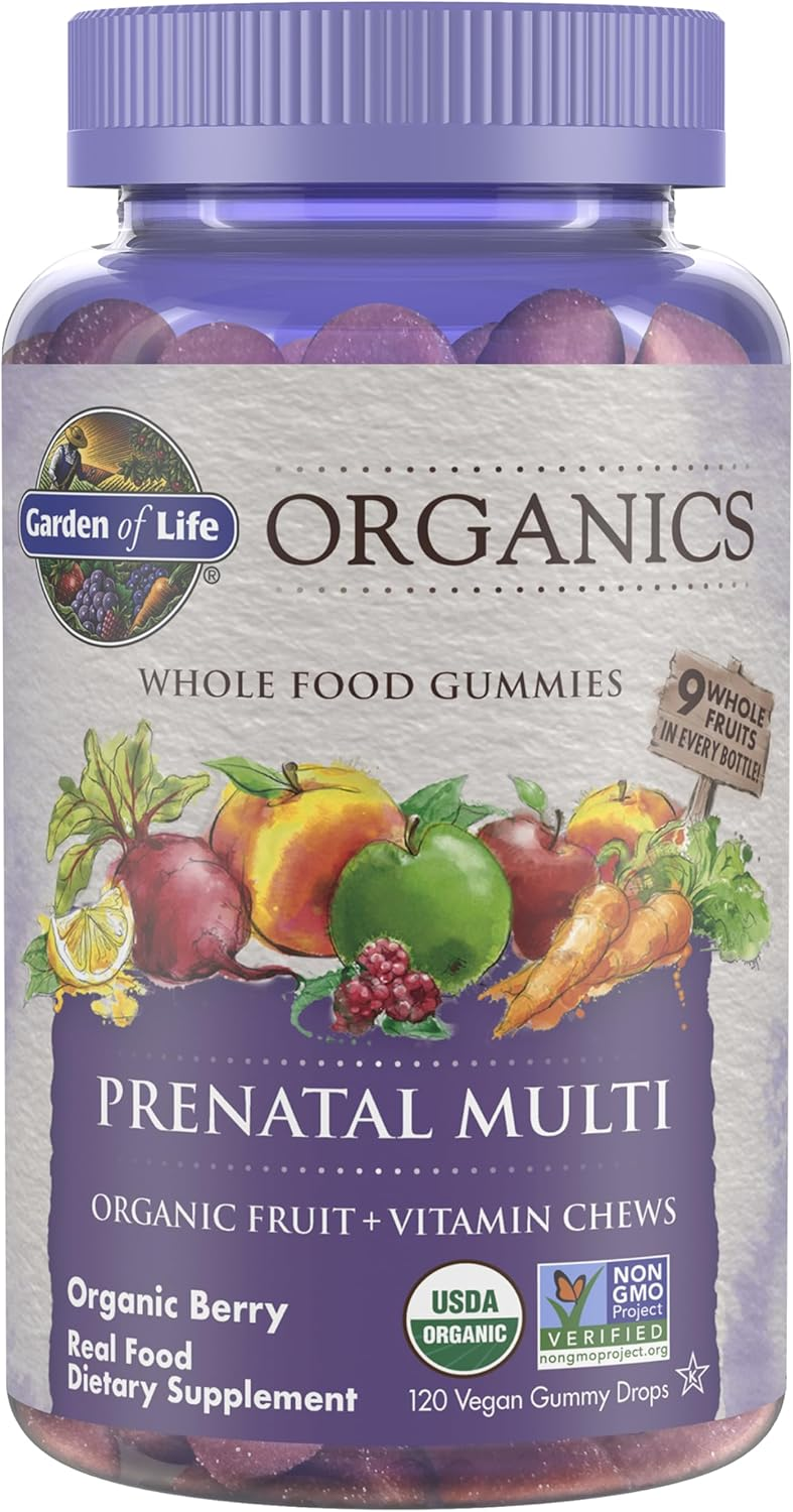 "Garden of Life Organics Prenatal Multi whole food gummies bottle, organic berry flavor, 120 vegan gummy drops, USDA Organic and Non-GMO Project Verified"