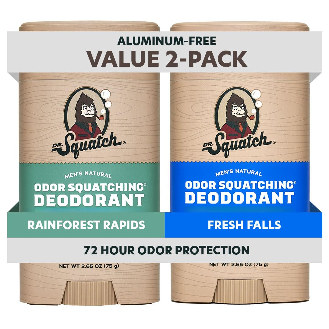 Dr. Squatch Men's Natural Odor Squatching Deodorant Aluminum-Free Value 2-Pack Rainforest Rapids and Fresh Falls 2.65 oz each, 72-hour odor protection, non-toxic clean deodorant on white background