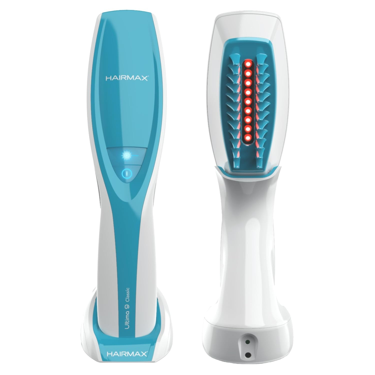 HairMax Ultima 9 Classic LaserComb shown from front and back, featuring a blue and white handheld design with nine red laser lights for scalp treatment.