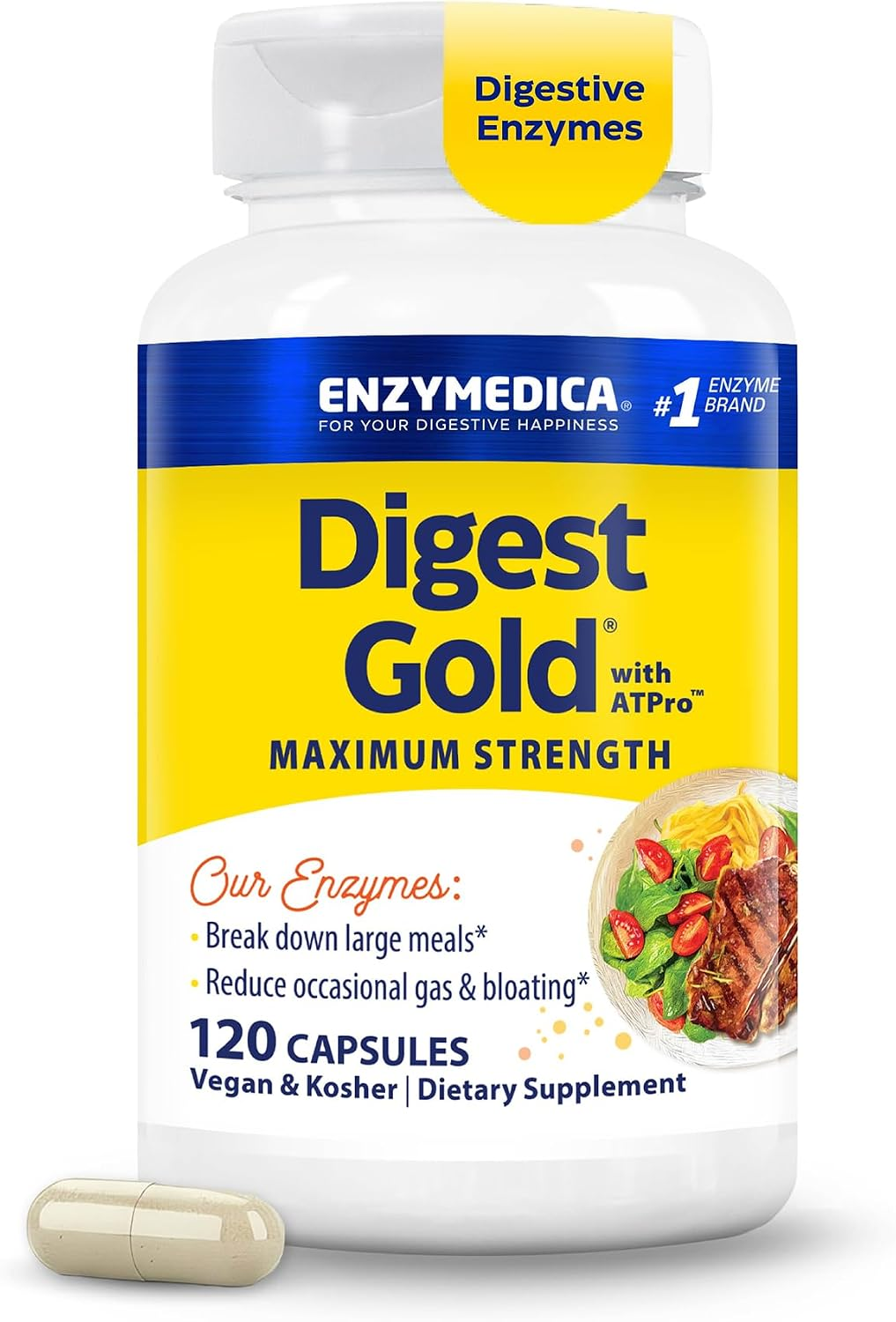Enzymedica Digest Gold Maximum Strength Digestive Enzyme Supplement 120 Capsules — Vegan, Non-GMO, ATPro Formula — BodyWell1
