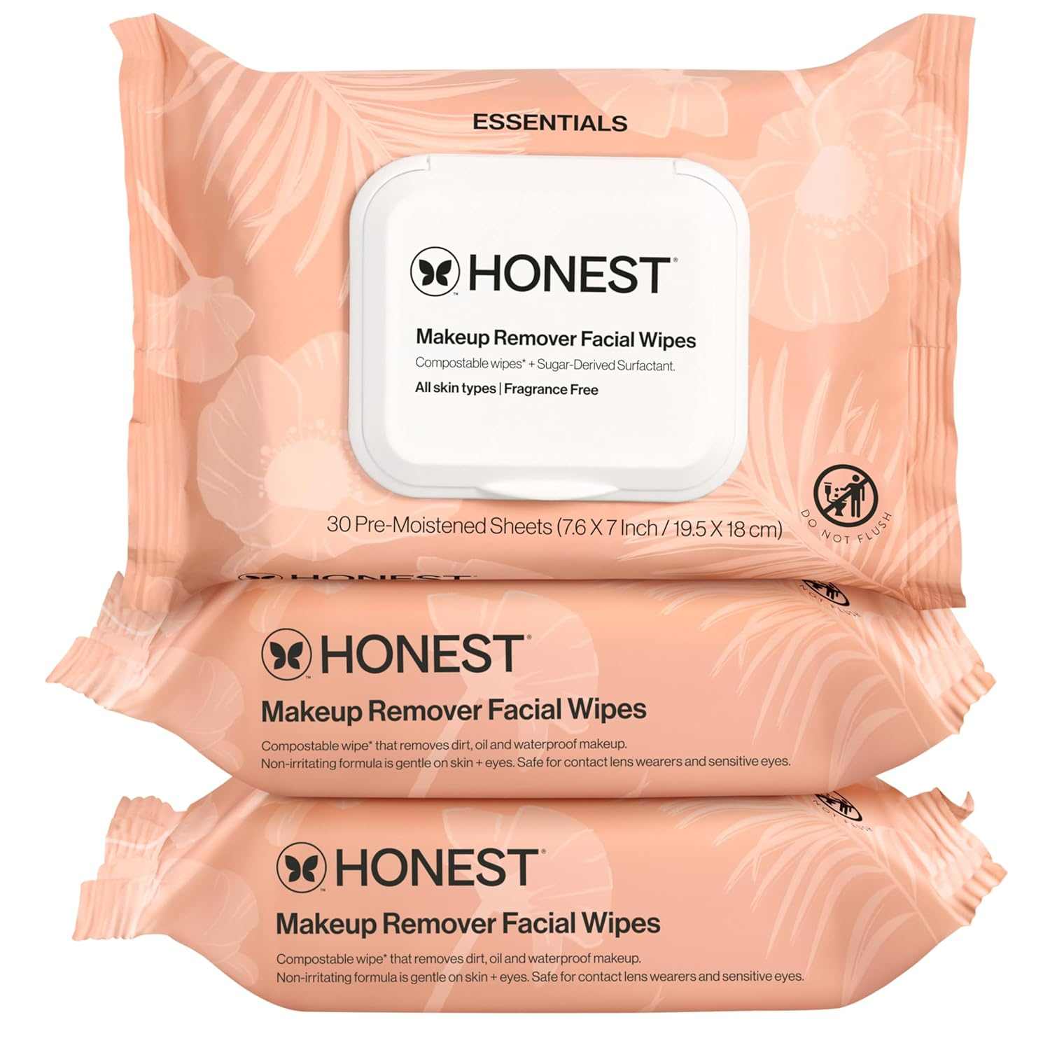 Honest Beauty Cleansing Makeup Remover Facial Wipes 3-pack peach floral packaging showing compostable wipes sugar-derived surfactant fragrance free all skin types 30 pre-moistened sheets per pack