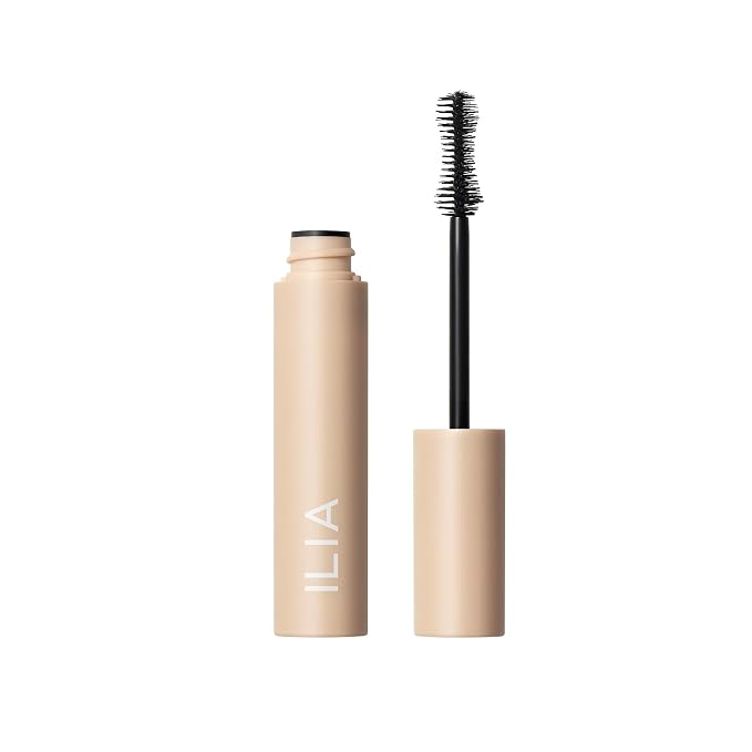 ILIA Fullest Volumizing Mascara in Classic Black with violin-shaped brush, PFAS-free clean formula, beige tube