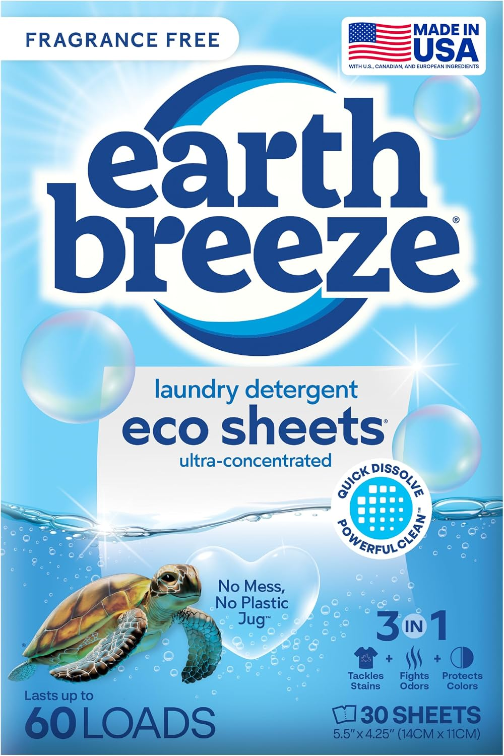 Earth Breeze Laundry Detergent Eco Sheets Fragrance-Free 60 Loads – plastic-free cardboard box with sea turtle illustration