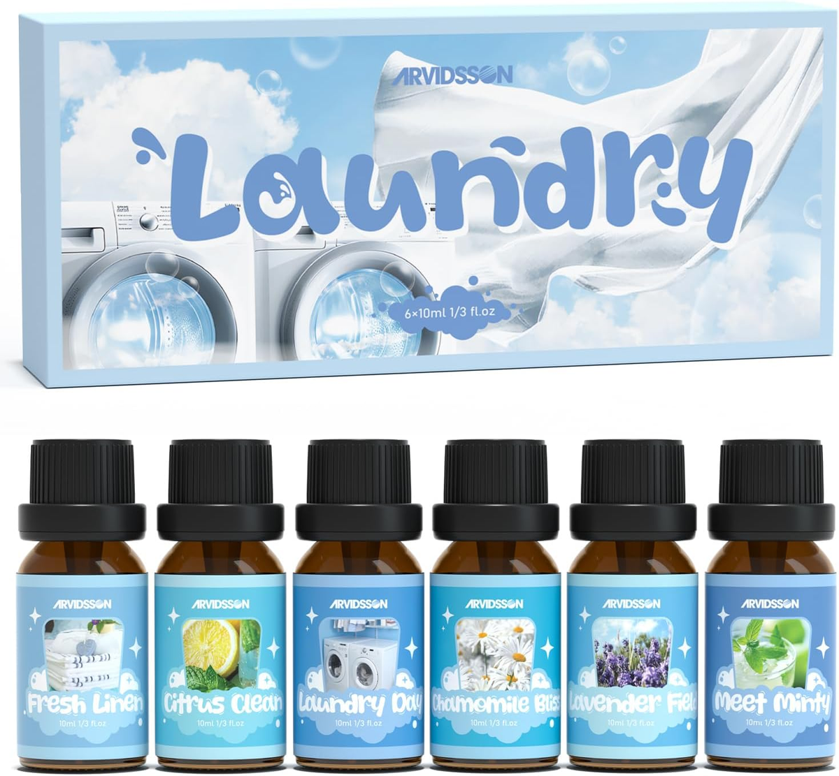 Arvidsson Laundry Essential Oils 6-Pack set with Fresh Linen, Citrus Clean, Laundry Day, Chamomile Bliss, Lavender Field, and Meet Minty bottles on white background