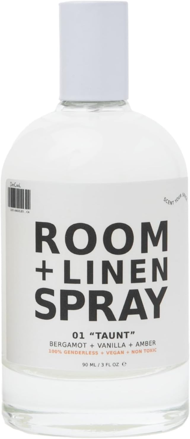 DedCool Room + Linen Spray 01 Taunt – Non-Toxic Vegan Linen Refresher, Bergamot Vanilla Amber, 3 fl oz white bottle