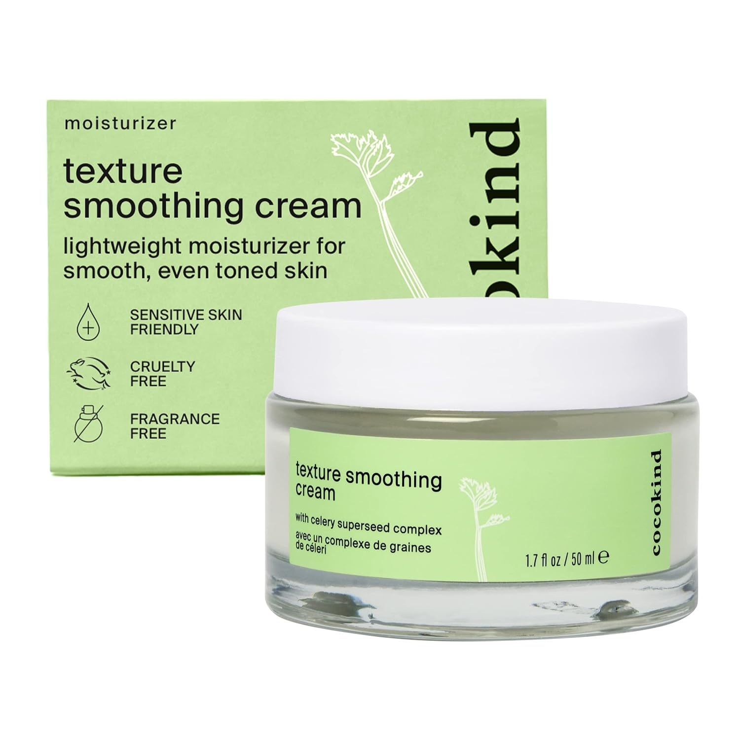 Cocokind Texture Smoothing Cream 1.7 fl oz glass jar with white lid next to sage green box packaging showing celery superseed complex, sensitive skin friendly, cruelty free, fragrance free