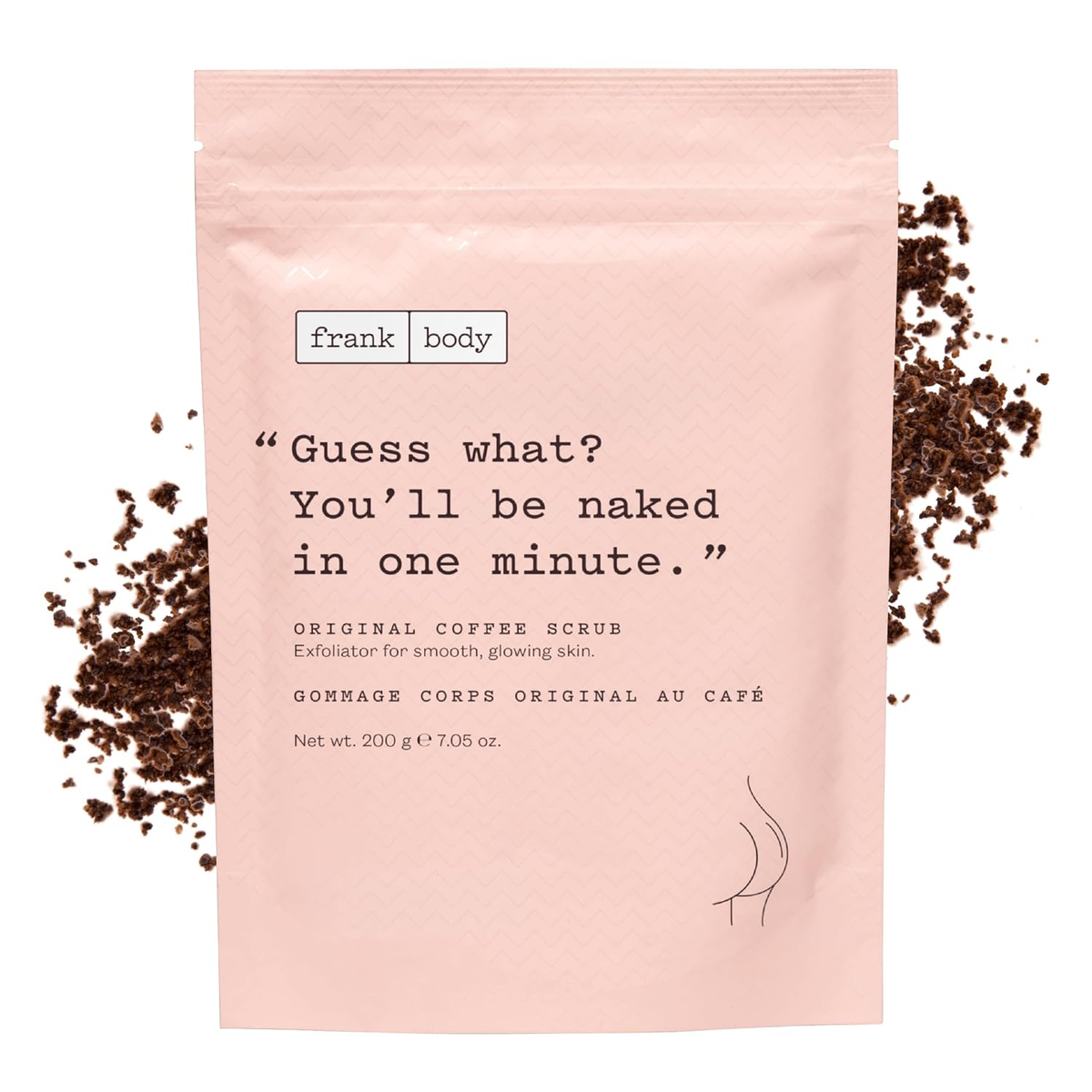 frank body Original Coffee Scrub 200 g pink pouch with coffee grounds on a white background