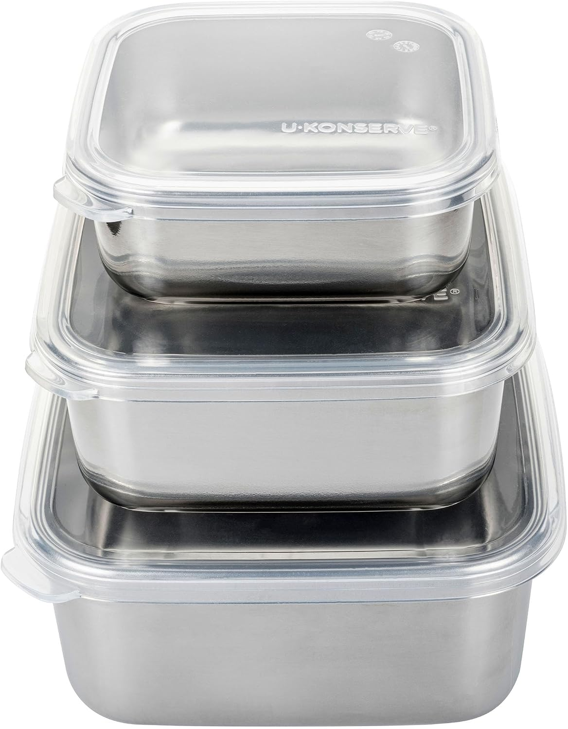 U-Konserve nesting trio stainless steel food storage containers set of 3 with clear airtight lids in 15 30 and 50 oz on white background