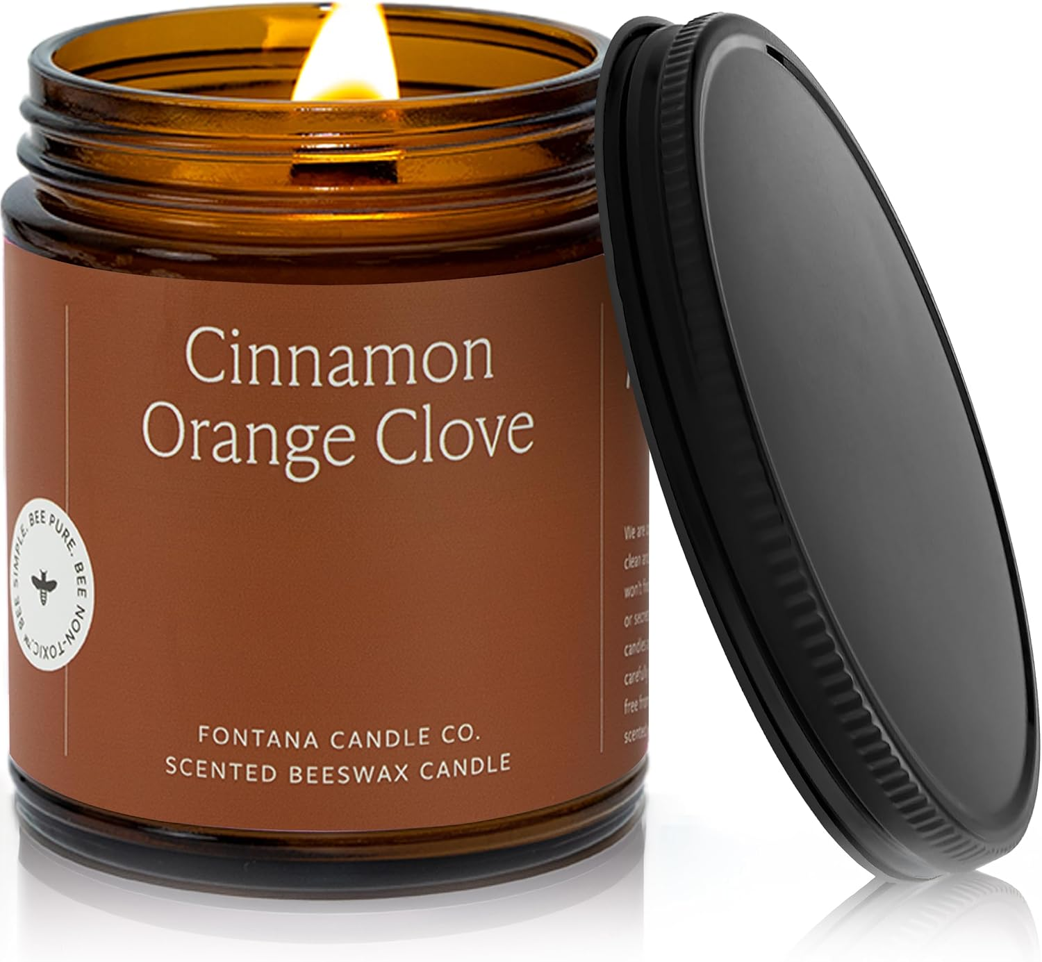 Fontana Candle Co. Cinnamon Orange Clove scented beeswax candle in amber glass jar with wood wick and black lid