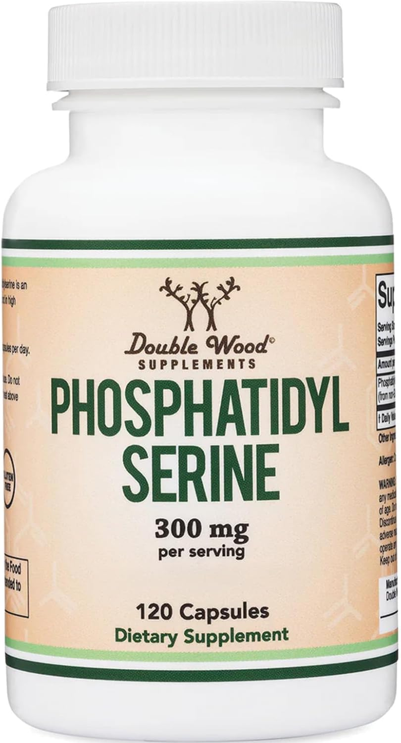 Double Wood Supplements Phosphatidylserine 300mg dietary supplement bottle — 120 capsules, non-GMO, gluten-free, USA-made for memory focus and cortisol support
