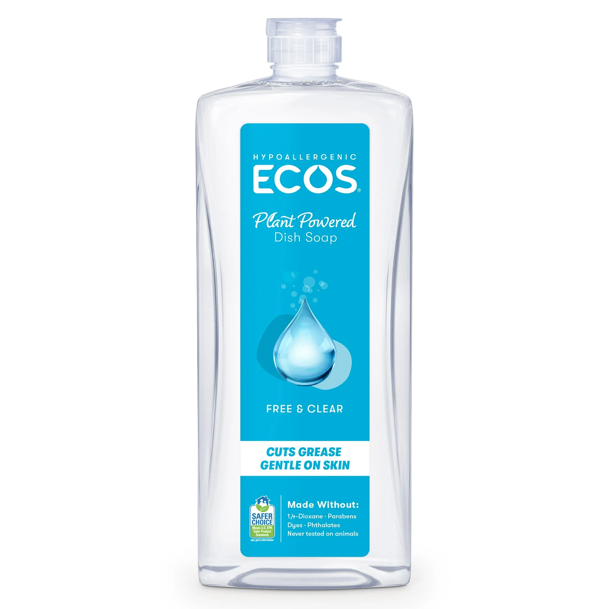 ECOS Plant Powered Dish Soap Free & Clear hypoallergenic, EPA Safer Choice certified, cuts grease, gentle on skin, no dyes or parabens on white background