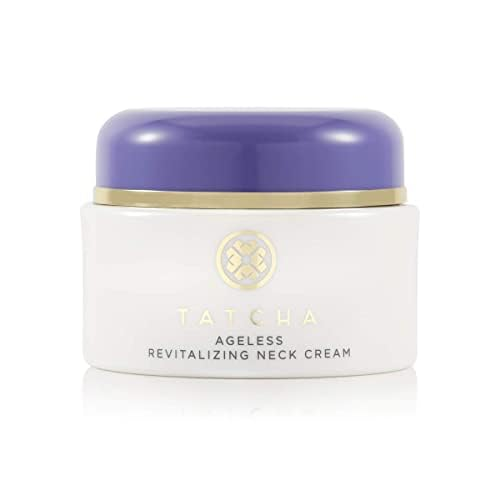 TATCHA Ageless Revitalizing Neck Cream in a white jar with purple lid on a white background