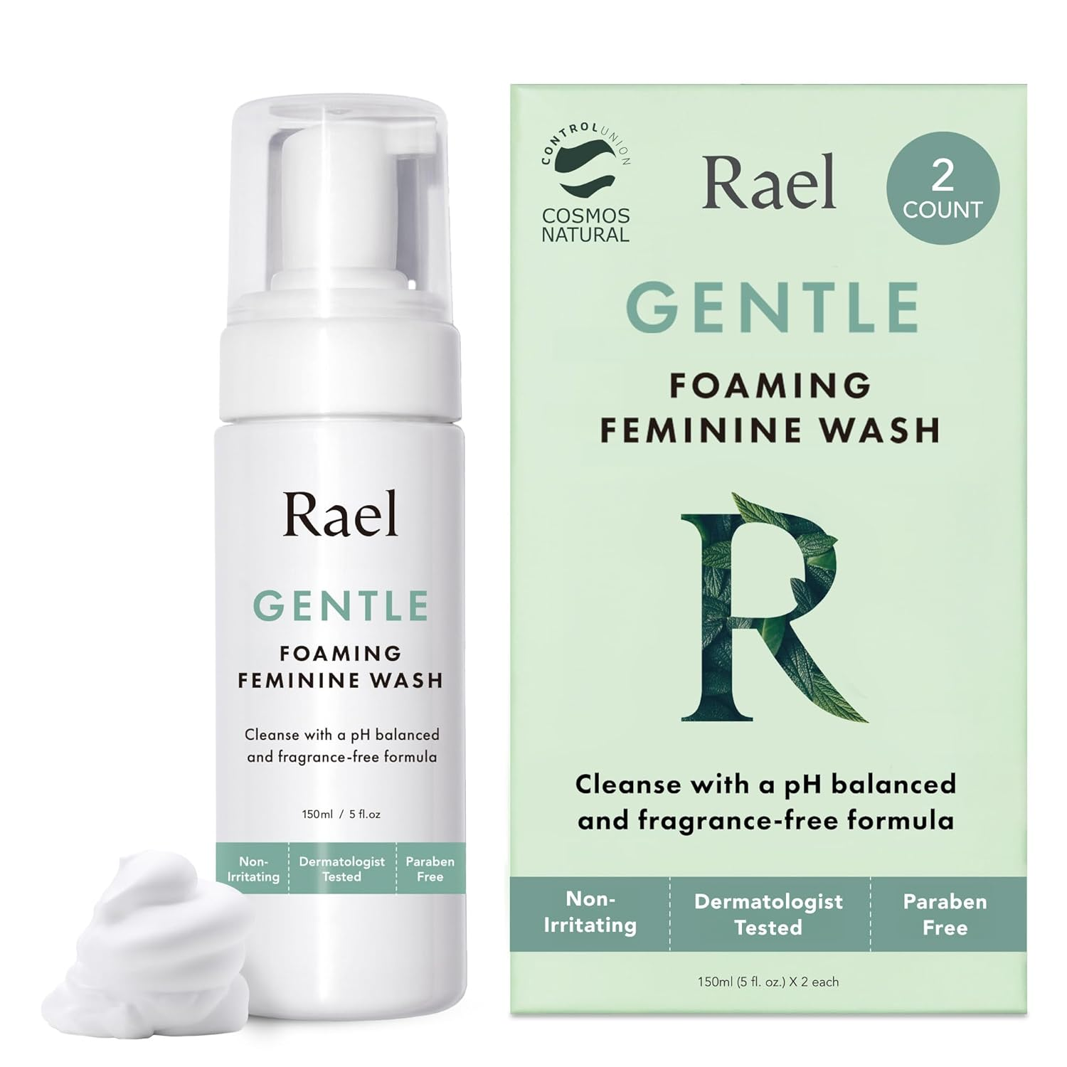 Rael Gentle Foaming Feminine Wash 2-Pack — pH balanced, fragrance free, non-irritating, dermatologist tested, paraben free intimate wash in white pump bottle with mint green box