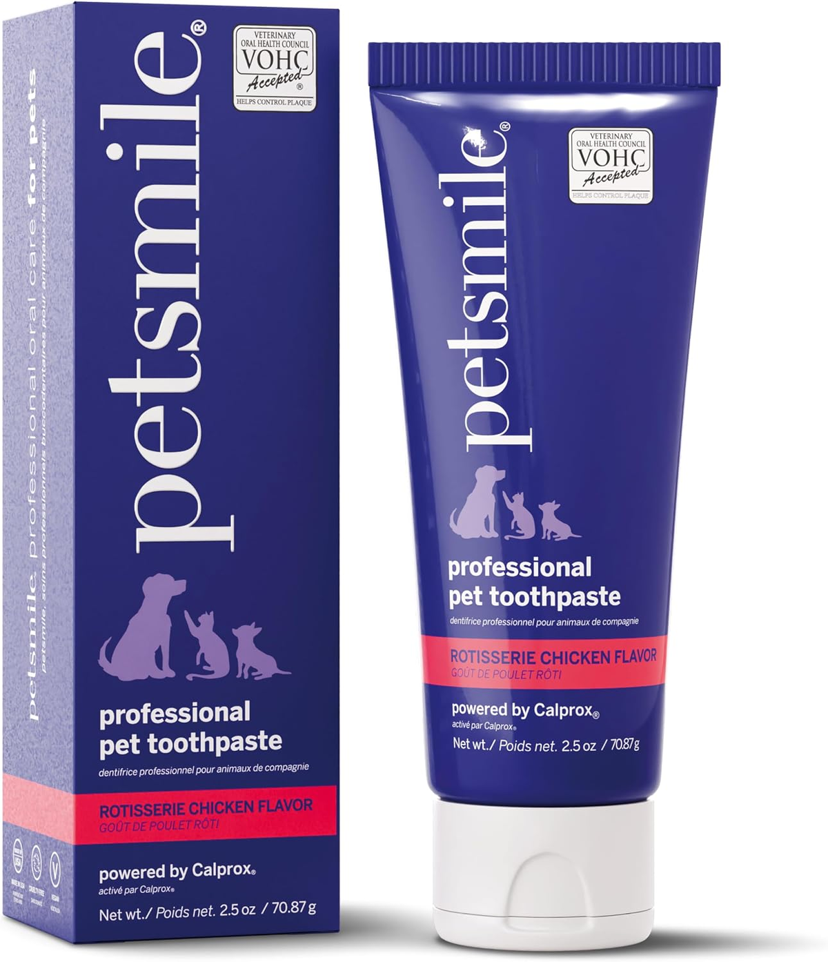 Petsmile Professional Pet Toothpaste rotisserie chicken flavor, 2.5 oz, shown with its purple tube and box on a white background.