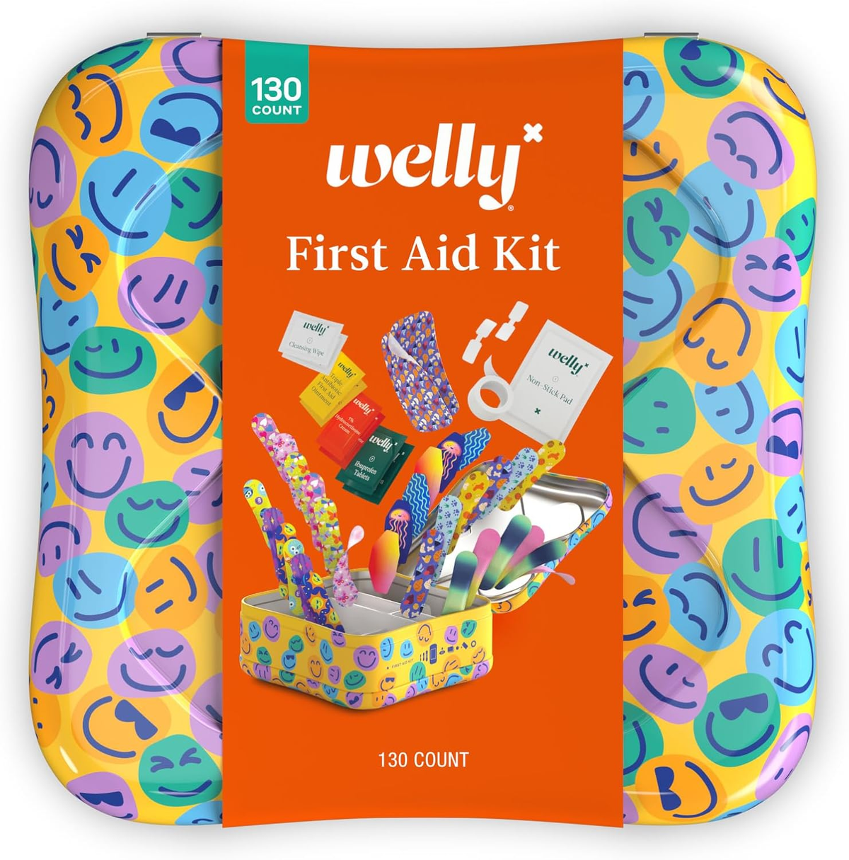 Colorful Welly 130-count First Aid Kit tin open with bandages and care packets on a white background