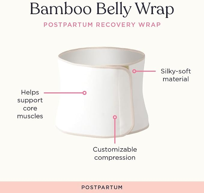 Belly Bandit Bamboo Belly Wrap postpartum recovery wrap showing silky-soft material, core muscle support, and customizable compression