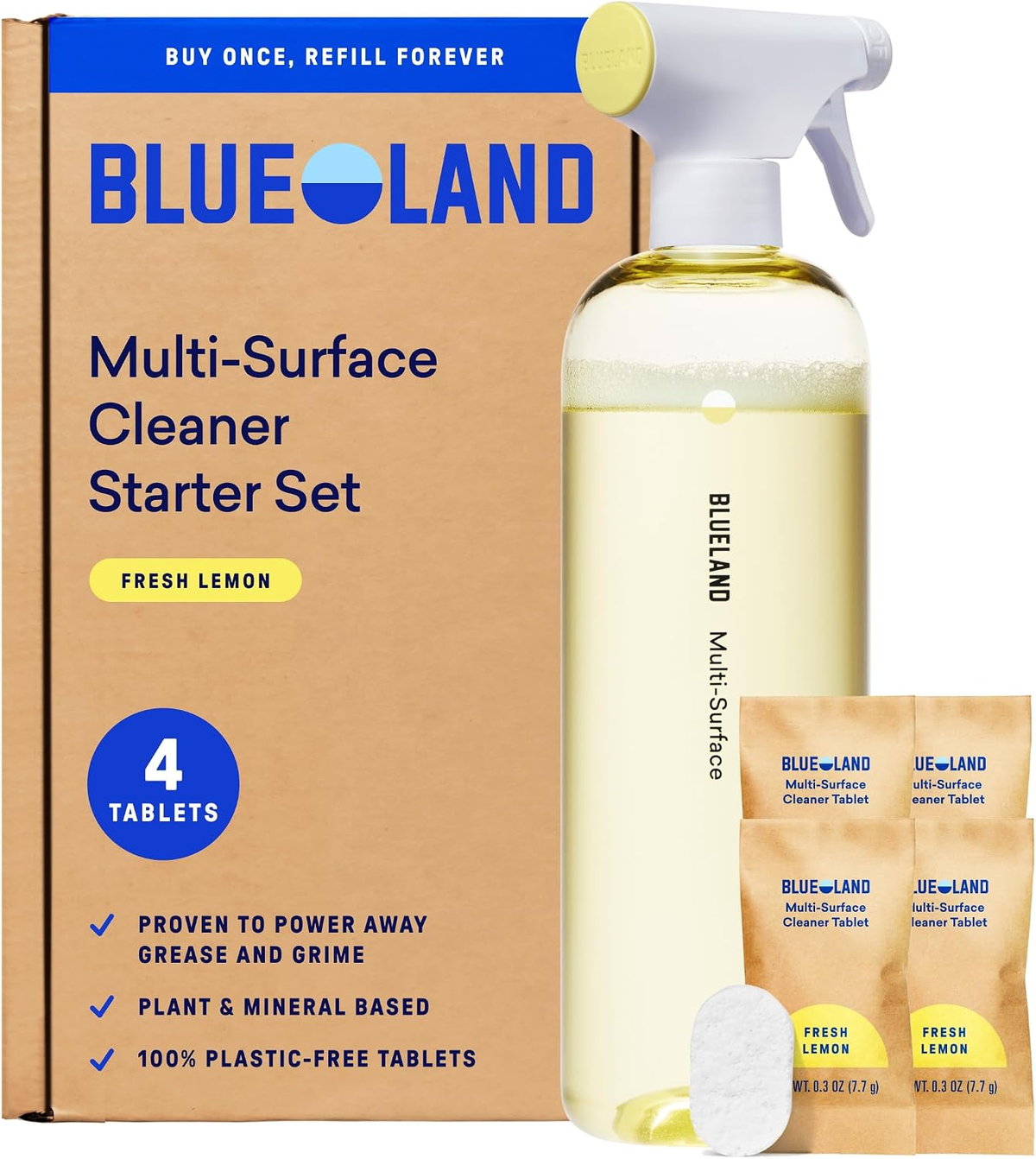 Blueland Multi-Surface Cleaner Starter Set — Refillable Bottle with 4 Plastic-Free Tablets, Fresh Lemon — BodyWell1