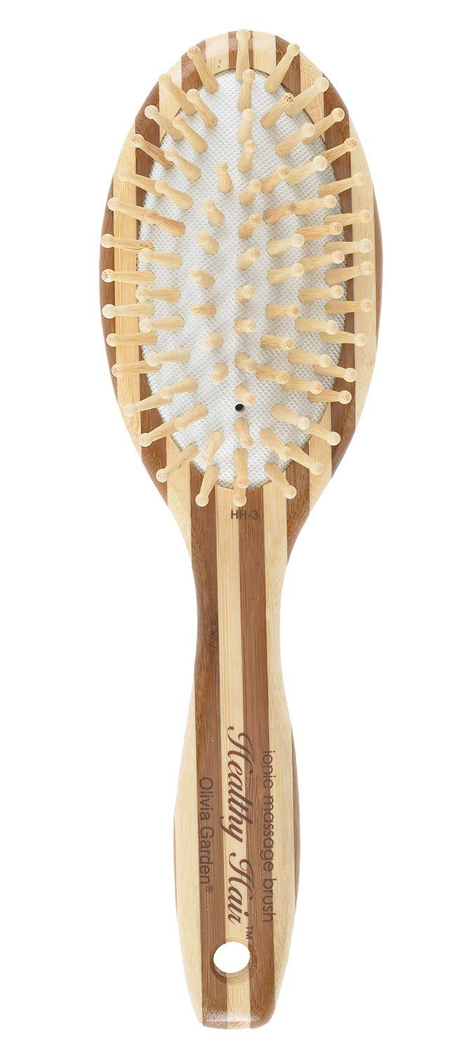 Olivia Garden Healthy Hair Bamboo Ionic Massage Hair Brush — sustainable bamboo handle with flexible massage pins on white background