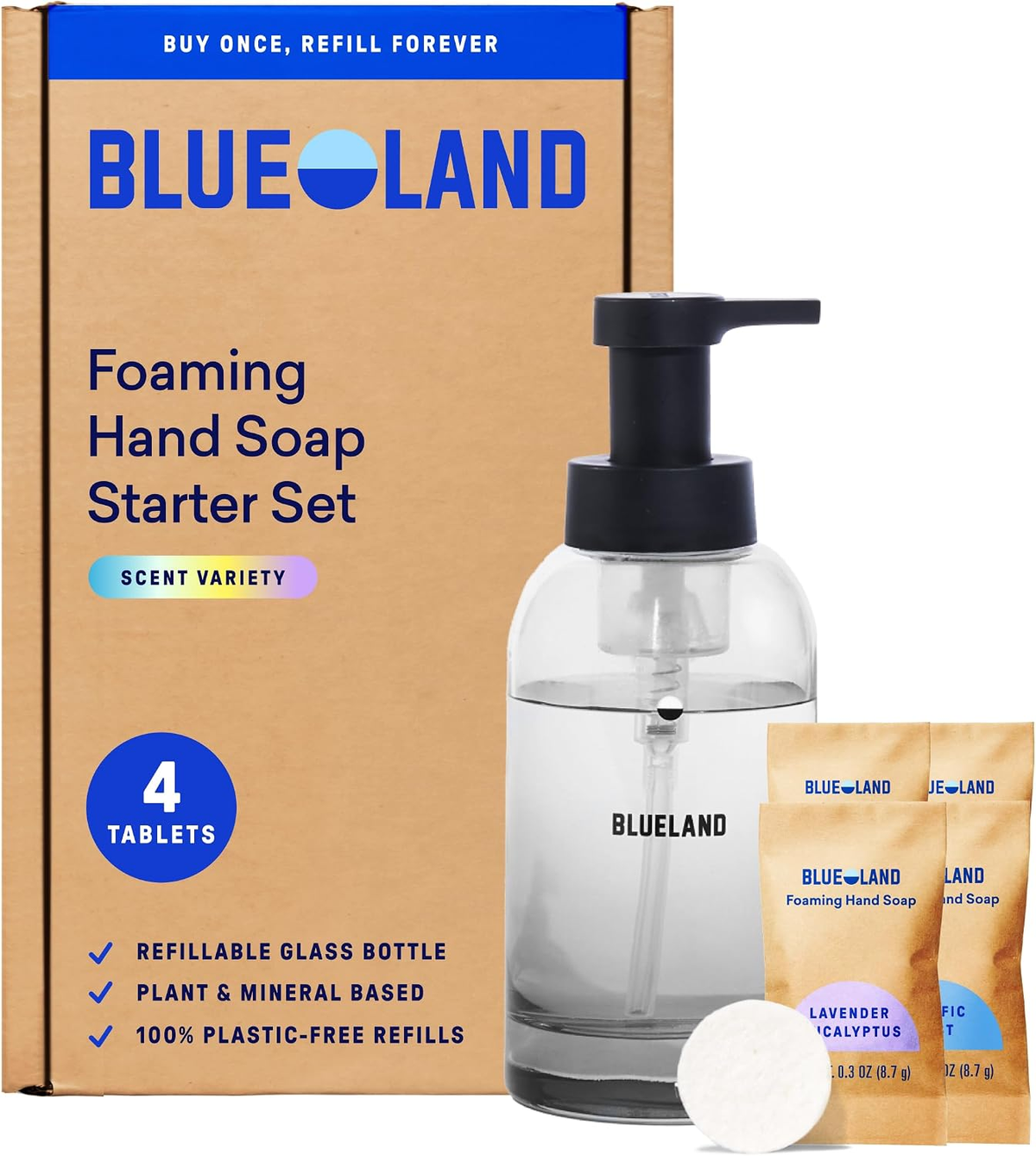 Blueland Foaming Hand Soap Starter Set — Refillable Glass Bottle with 4 Plastic-Free Refill Tablets