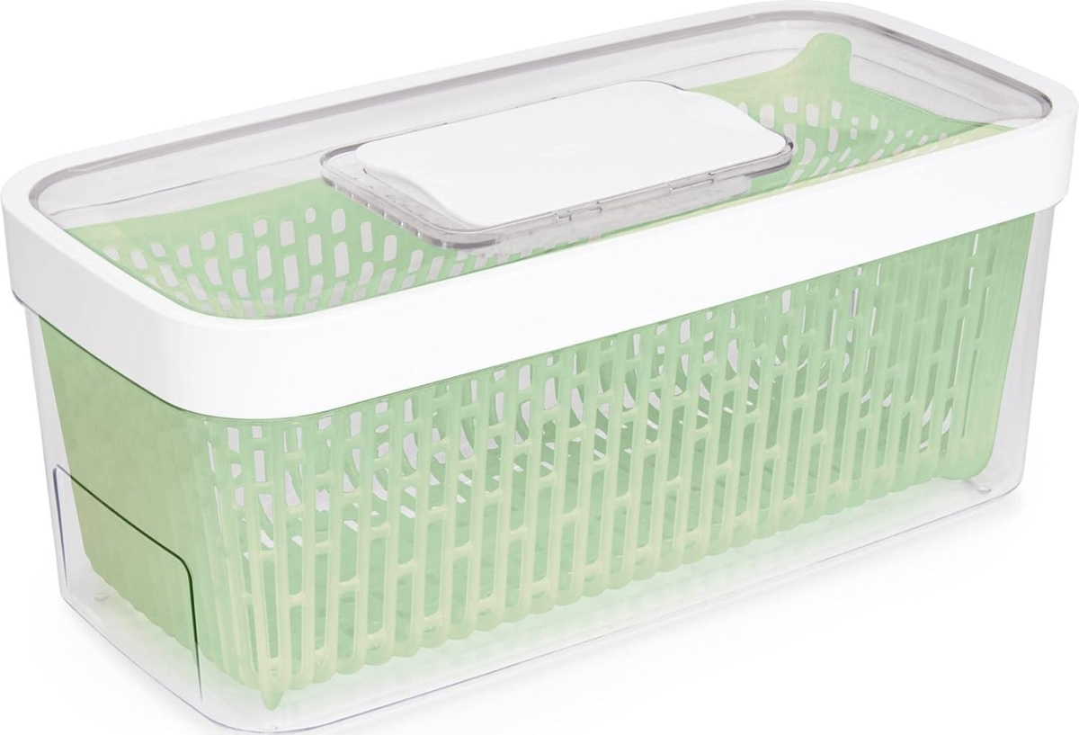 OXO Good Grips GreenSaver Produce Keeper large 5 quart container with green basket and clear lid on white background