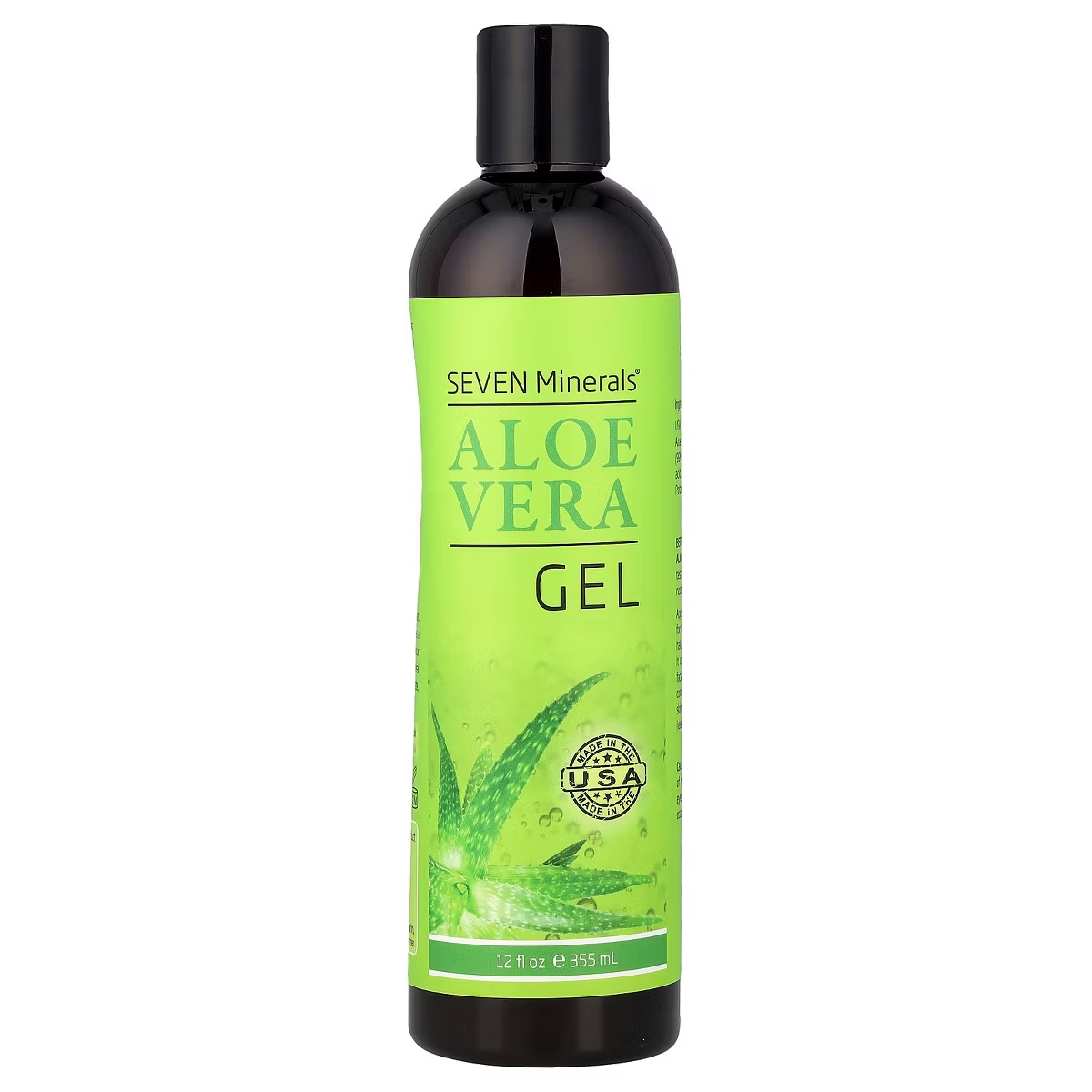 Seven Minerals Organic Aloe Vera Gel 12 fl oz 355ml, 100% pure Texas grown, made in USA, fragrance-free, non-toxic soothing skin gel on white background