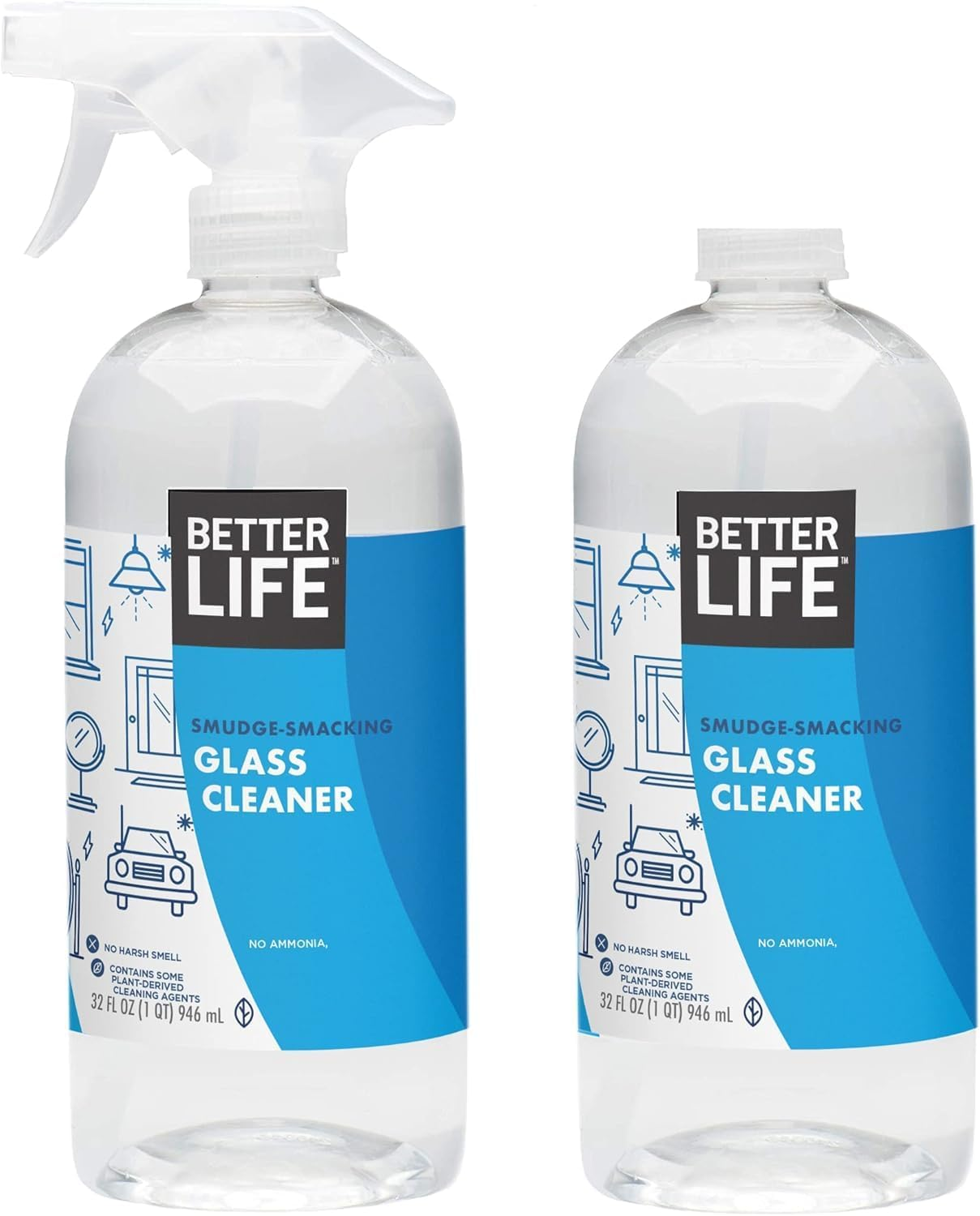 Better Life Smudge-Smacking Glass Cleaner spray bottles, 32 fl oz pack of 2, no ammonia, plant-derived cleaning agents, streak-free window and mirror cleaner, unscented