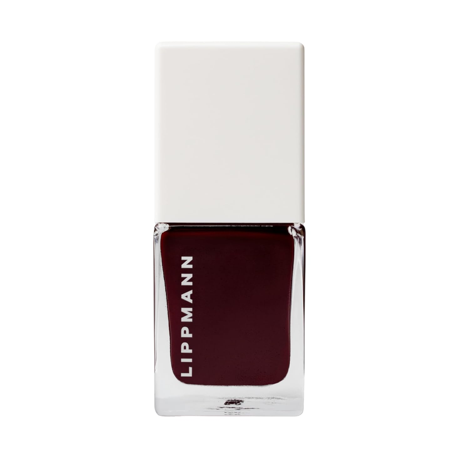 LIPPMANN Single Ladies nail polish in deep oxblood wine-red shade in square minimalist clear glass bottle with white cap, 21-free vegan formula on white background
